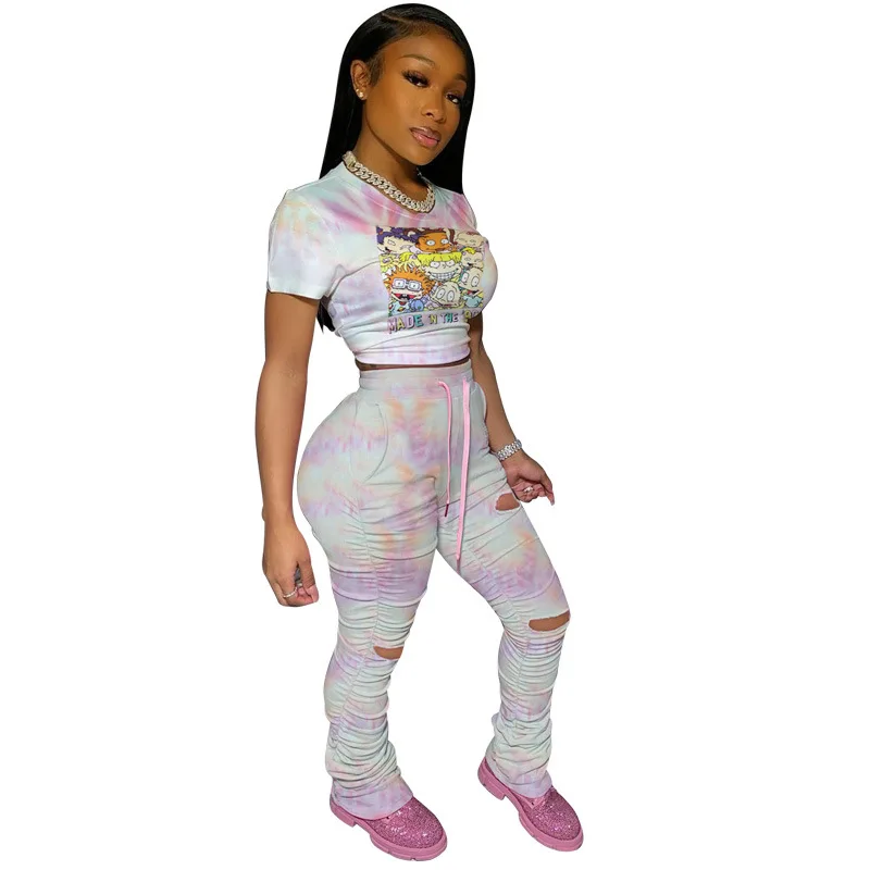 

K9629 Hip Slim Pleated Two-Piece European and American Printed Hole Casual Sports Suit Strap
