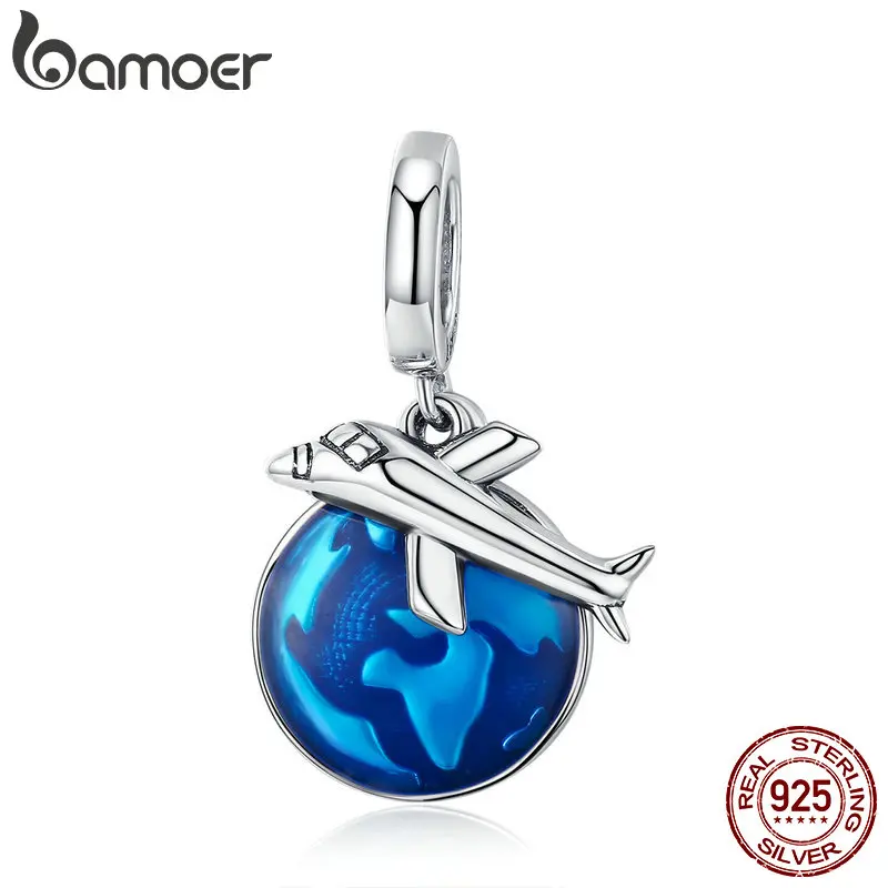 

BAMOER New Arrival 925 Sterling Silver Travel Around World Plane Charm Pendant fit Women Bracelet & Necklaces Jewelry SCC664