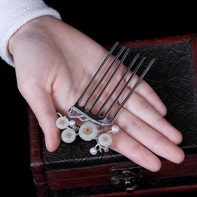 

925 Sterling Silver Inlay White Jadestone Retro Plum Ladies Hair Comb