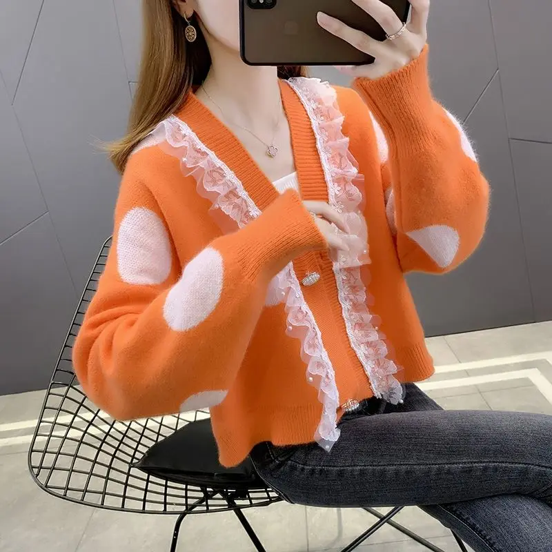 

EBAIHUI Cropped Sweater Cardigan Dot Print Lace V Neck Kawaii Sweaters Knitted orange Cardigans Korean Sweet Top Women's Coat