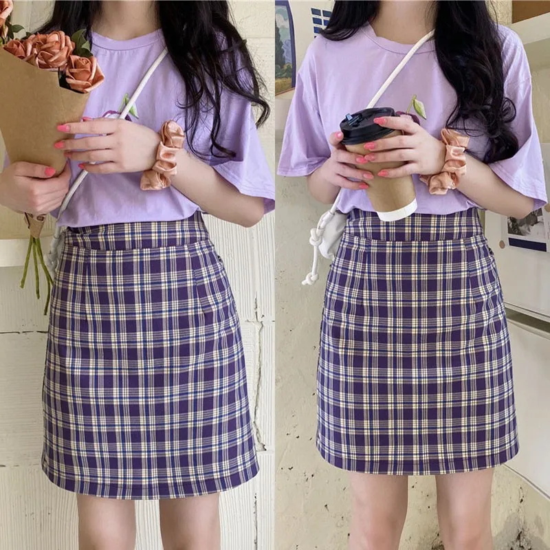 

Skirt For Summer High-Waist Plaid Bag Hip Skirts a-Line Retro Simple Fashionable Above Knee Falda Vetements Femmes