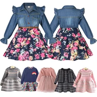 girls denim floral dress summer party dress with belt children flying long sleeve casual clothing baby girl kids fashion outfit