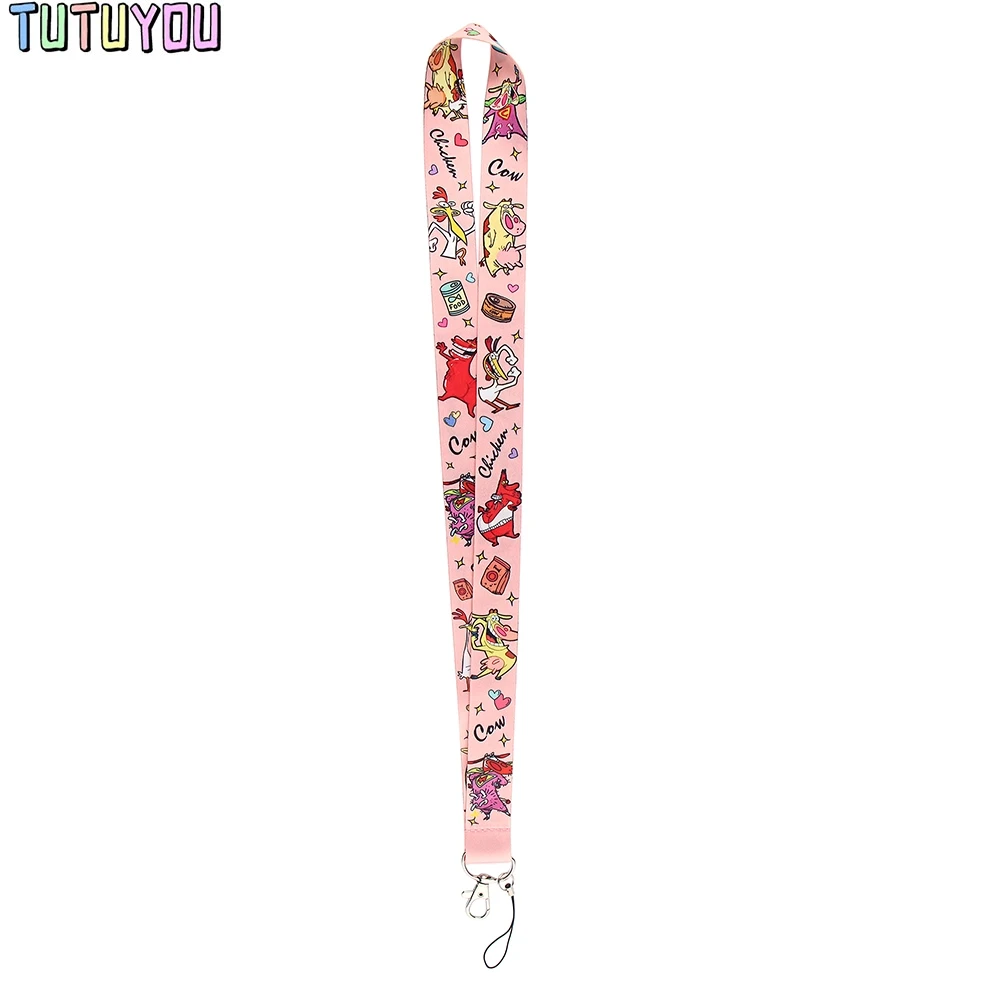 PC2242 Pink Cute Cow And Funny Chicken Cartoon Key Chain Lanyard Gift For Kids Students Friends Phone USB Badge Holder Necklace | Мобильные
