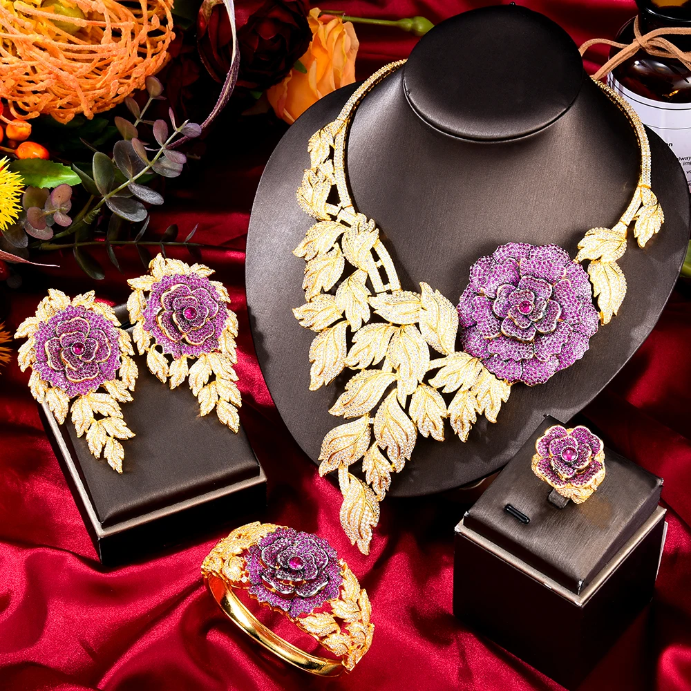 missvikki Trendy Luxury Valuable Peony Big Flowers Jewelry Set Necklace Bangle Earrings Ring For Women Bridal Wedding Jewelry