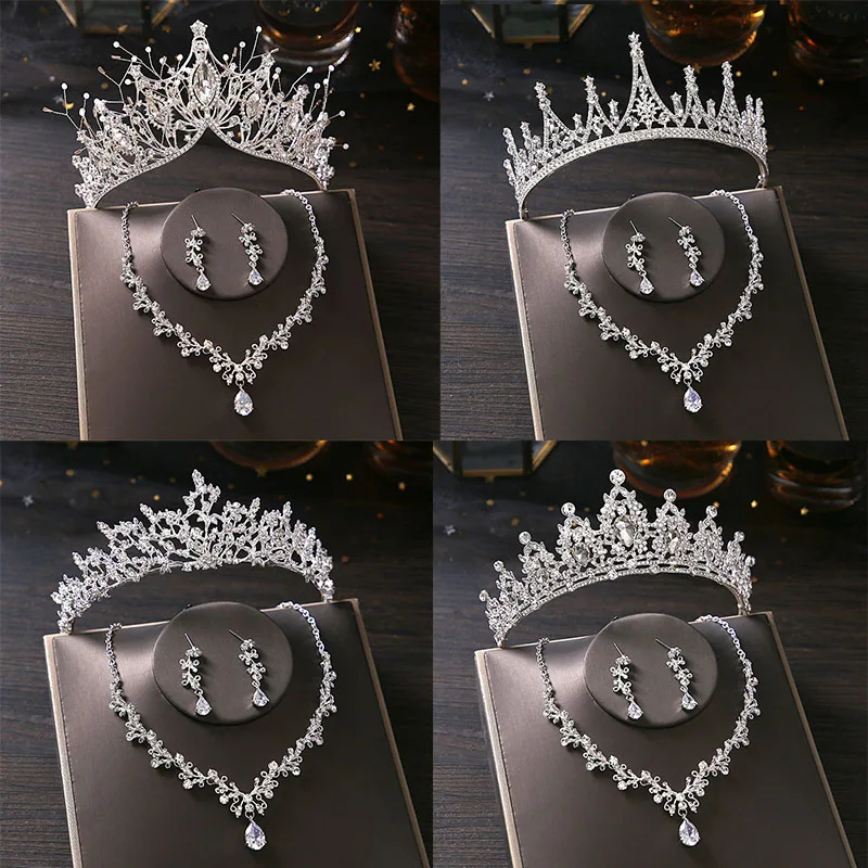

Bridal Jewelry Sets Bride Wedding Collection Set Wedding Accessories For Women Crown Tiara Necklace Earrings Indian Jewelry Set