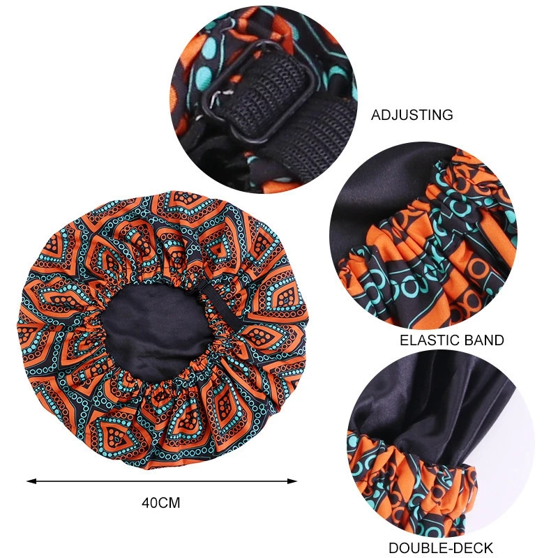 

New Women African Pattern Print Satin Bonnet with Adjustable Band Double Layer Sleep Cap Turban Extra Large Lady Head Wrap Hat