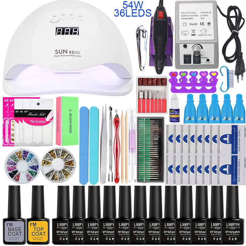 54w choose 12 color Набор для ногтей 18/12 Цветов гель для ногтей комплект Soak 24 Вт/54 Вт УФ светодиодная лампа для сушки ногтей с маникюрный набор, гель, лак для ногтей, акриловый Фрезер для ногтей cо шлифовальными комплект - Цвет: 54w choose 12 color