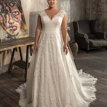 Plus Size Wedding Dresses for Bride 2021 A Line Lace Applique Generous Wedding Gown for Bridal Robe 