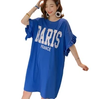 ruffles sleeve t shirt dress for women cotton loose letters printed casual dressed ladies knee length summer