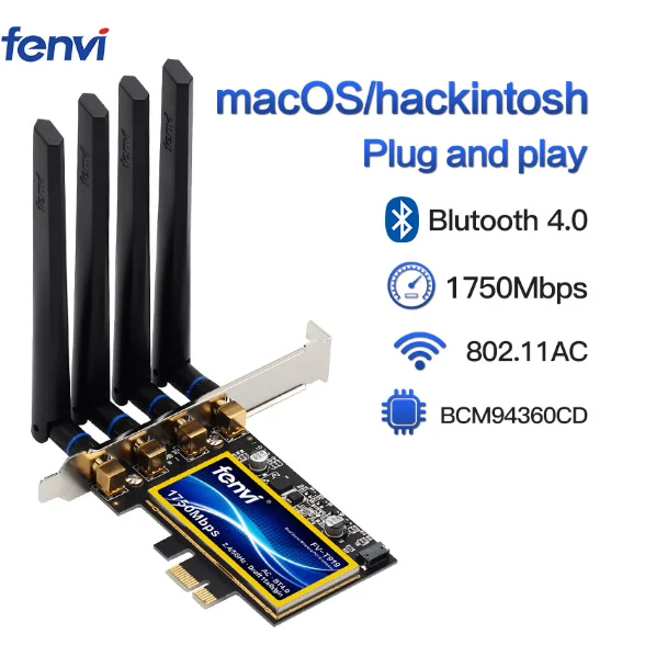 1750Mbps PCIe Desktop Wifi Card BCM94360CD For macOS Hackintosh 802.11ac Bluetooth 4.0 Dual Band Wireless Adapter