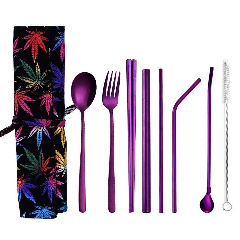 purple 2019NEW корейский набор столовых приборов из нержавеющей стали портативные столовые приборы палочки вилка ложка металлическая соломинка пипетка ложка переносной мешок - Цвет: purple