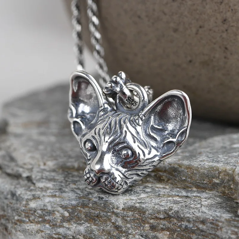 

Fashion Silver Color Birus Cat Head Pendant Necklace Animal Sphinx Hairless Cat Necklace for Women's and Men's Jewelry Gifts