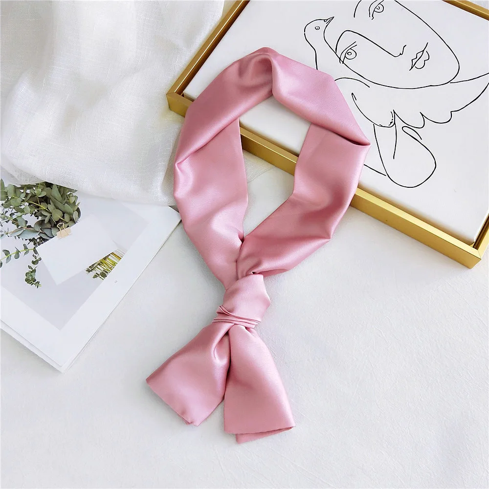 2021 New Fashion Solid Color Kerchief Women Head Scarf for Hair Black Pink Green Red Silk Satin Neck Scarfs Bag Ribbon Bandanas