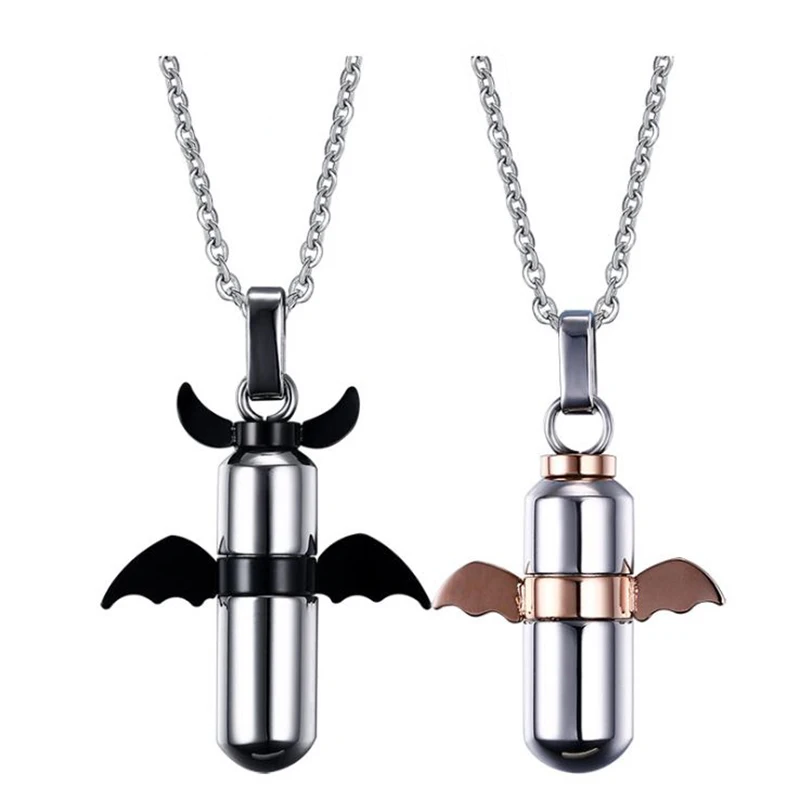 

SzBlaZe Devil Wings Pill Pendant Can Disassembly Put A Small Note Couple Necklace Plating Pendant