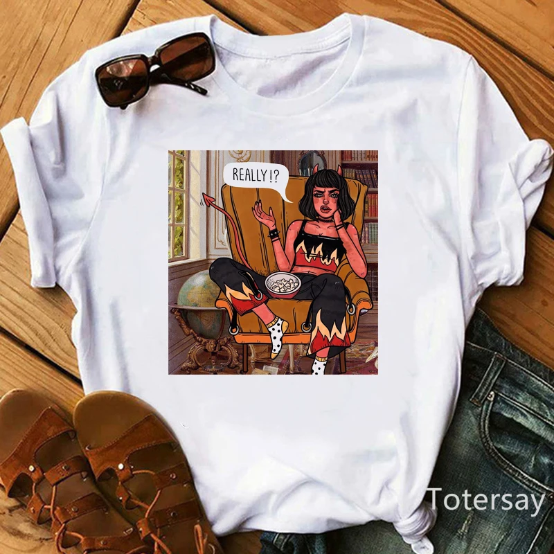 

Women's Fun Demon Women t-shirt 2020 Summer vogue Ulzzang Femme Retro Harajuku t shirt Girl 90s Graphic tshirt Ladies clothing