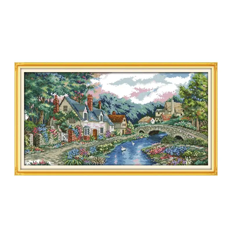 

The peaceful countryside cross stitch kit lanscape garden 14ct 11ct printed canvas stitching embroidery DIY handmade needlework