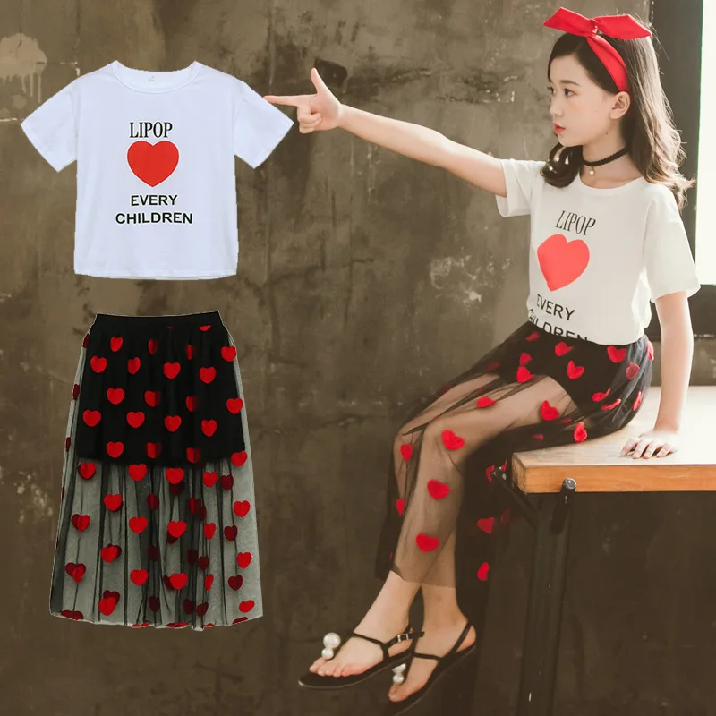 

Girls Clothes Sets Summer Fashion Kids Short Sleeve Tops + Skirt 2PCS Clothing Suit For Girls Children Outfits 4 6 8 10 12 Years