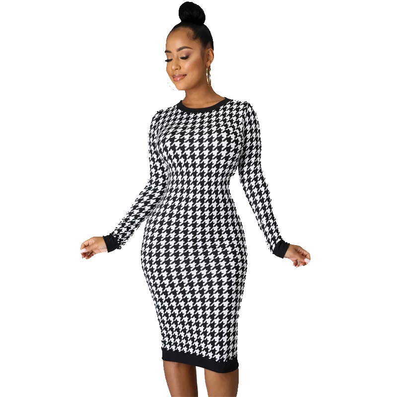 

Skennyee O Collar Knee Length Dress Long Sleeve Casual Print Backless Black And White Night Party Club Vestidoes