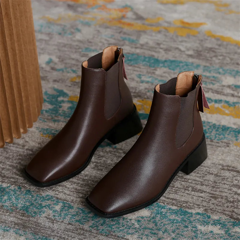 

Meotina Genuine Leather Mid Heel Chelsea Boots Women Zip Block Heels Ankle Boots Shoes Square Toe Short Boots Lady Brown Black