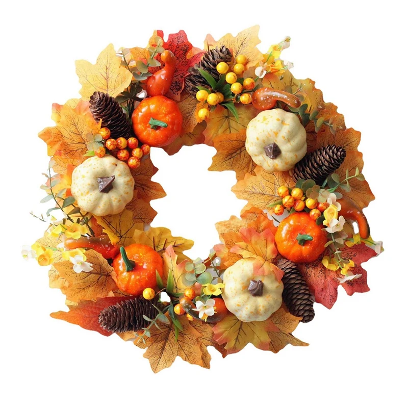 

Искусственный осенний венок-осенний венок с кленовыми листьями, тыквы, сосновой ягоды для входной двери, декор на День Благодарения