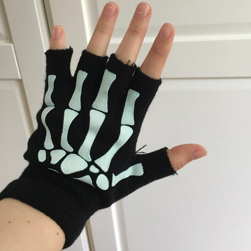 Guantes de ciclismo para deportes al aire libre, medio esqueleto, protecci&oacute;n suave, Punk, Unisex, Calavera, dedo que brilla en la oscuridad, mitones de punto de invierno-3