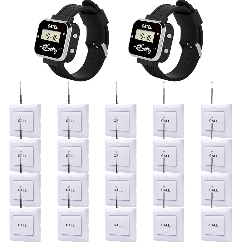 CATEL 2 Watch 20 Call Buttons Strong Signal Wireless Calling System Transmitter Pager for Restaurant Waiter Service Bell, Buzzer