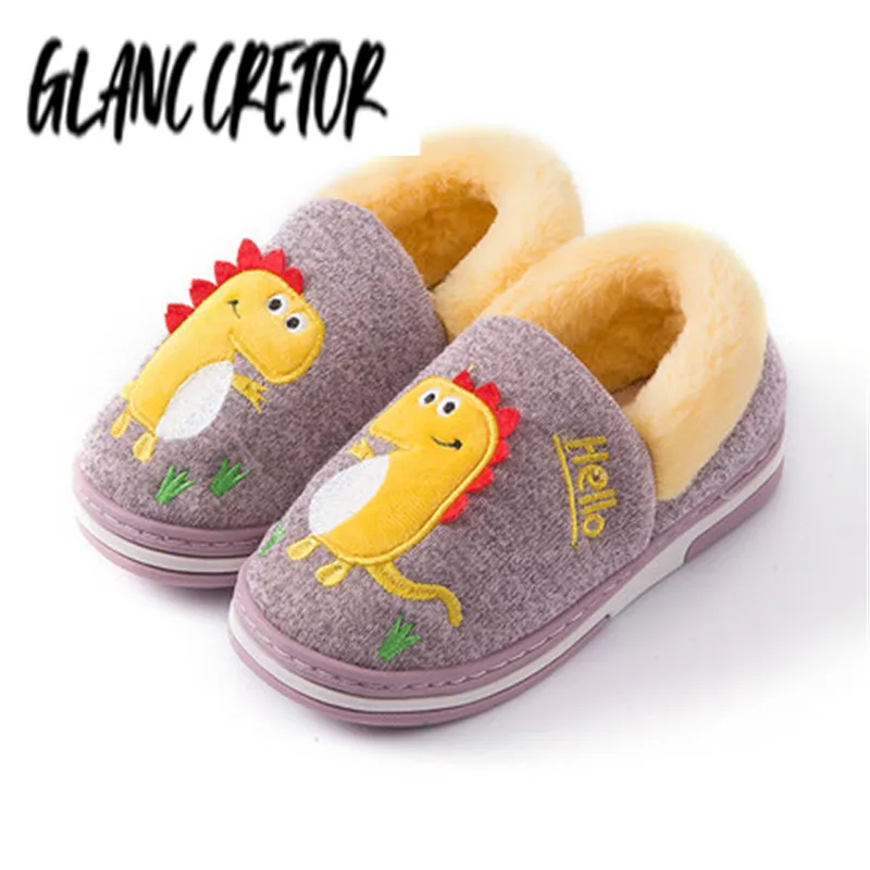 

Домашняя обувь для девочек с милым мультяшным динозавром, детские теплые меховые тапочки, детские домашние тапочки для малышей, осенне-зимн...
