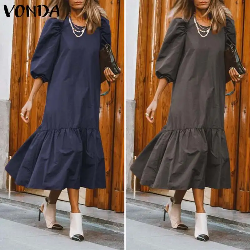 VONDA Повседневное платье сексуальное с круглым вырезом 3/4 рукав-фонарик макси