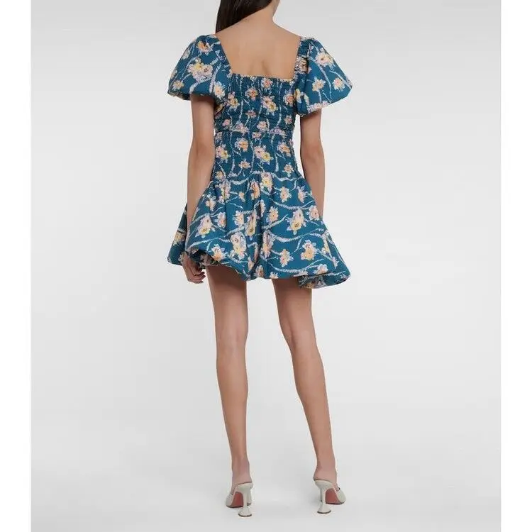 

[DEAT] new spring fashion women sqaure collar short lantern sleeves high waist mini length pullover printed dress WR362705