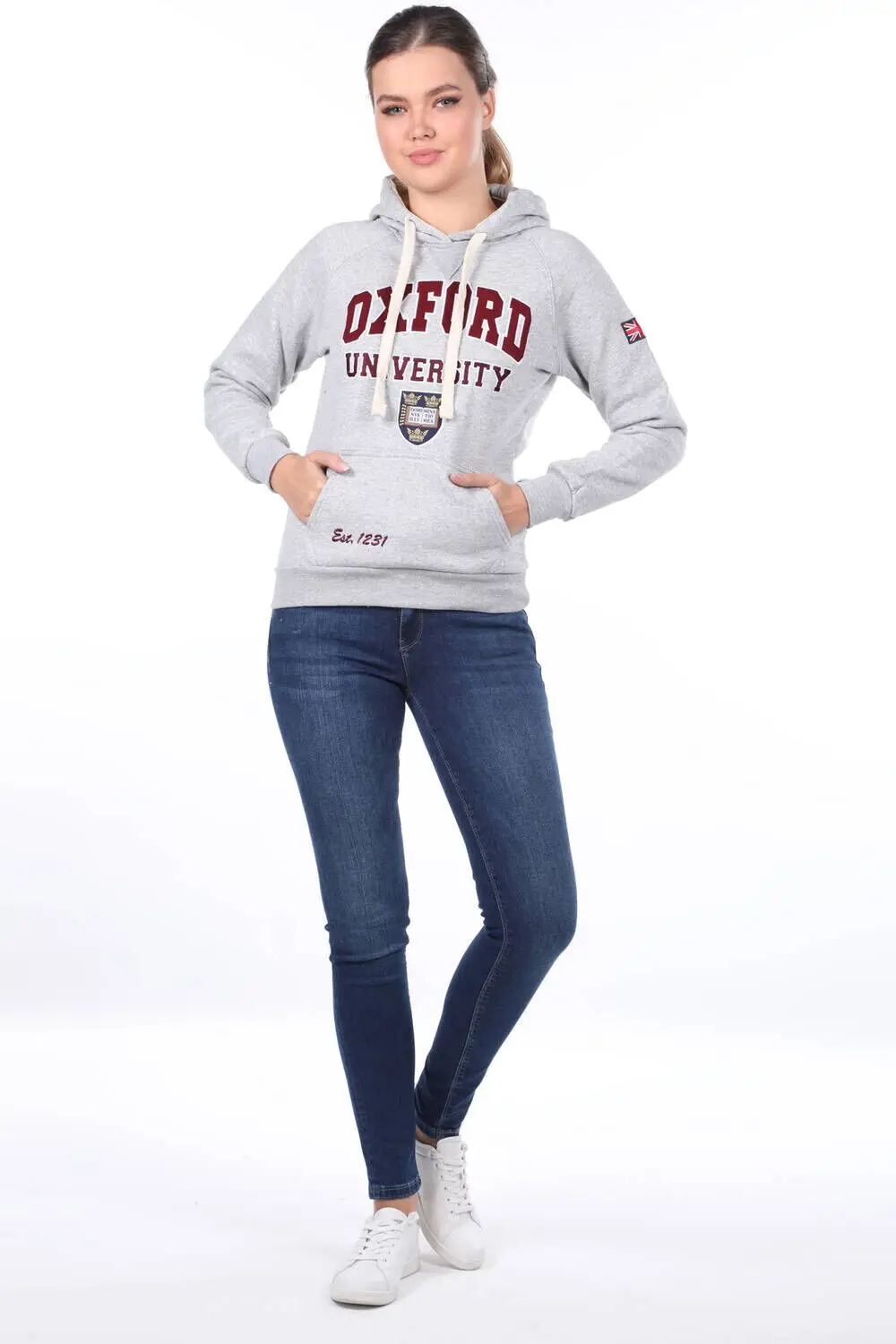 

Womens Oxford Applique Pocket Fleece Hooded Sweatshirt