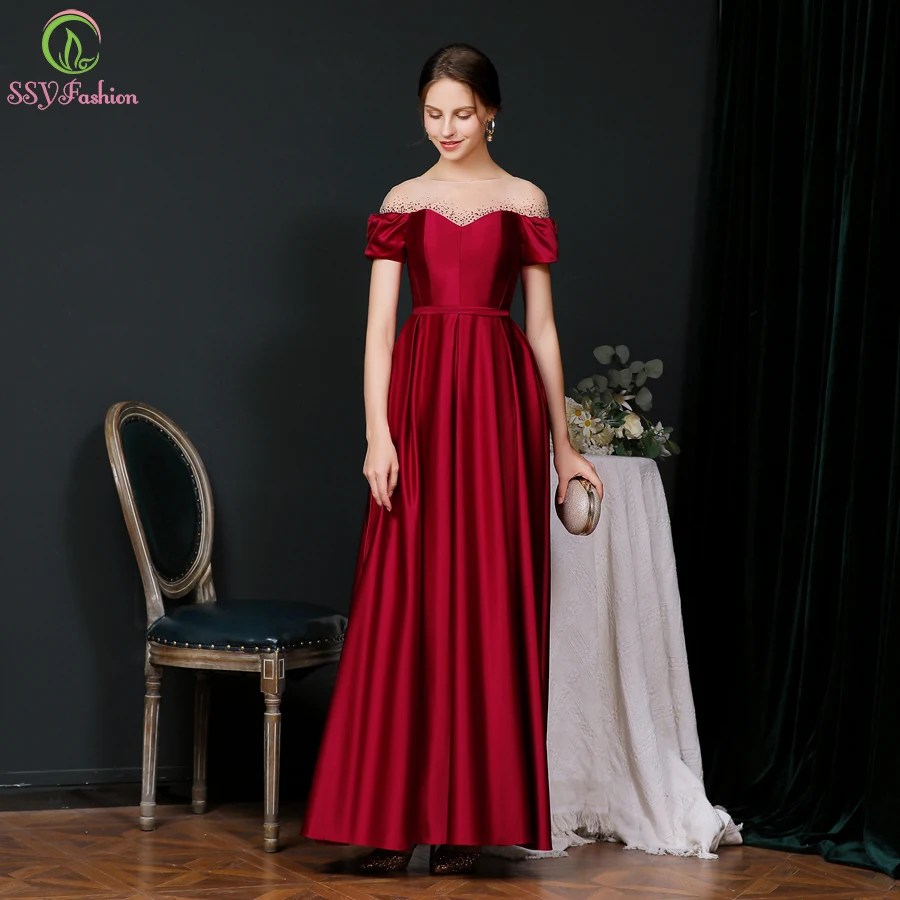 

Женское атласное платье до пола SSYFashion, винно-Красное длинное платье для выпускного вечера, вечернее платье, для банкета