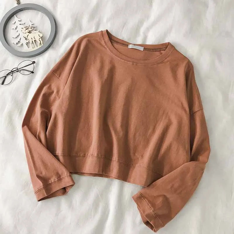 Loose Casual O-neck Thin Tops Short Sweetshirts Plus Size Early Autumn New Korean Style Simple Solid Color Women Clothing 11751