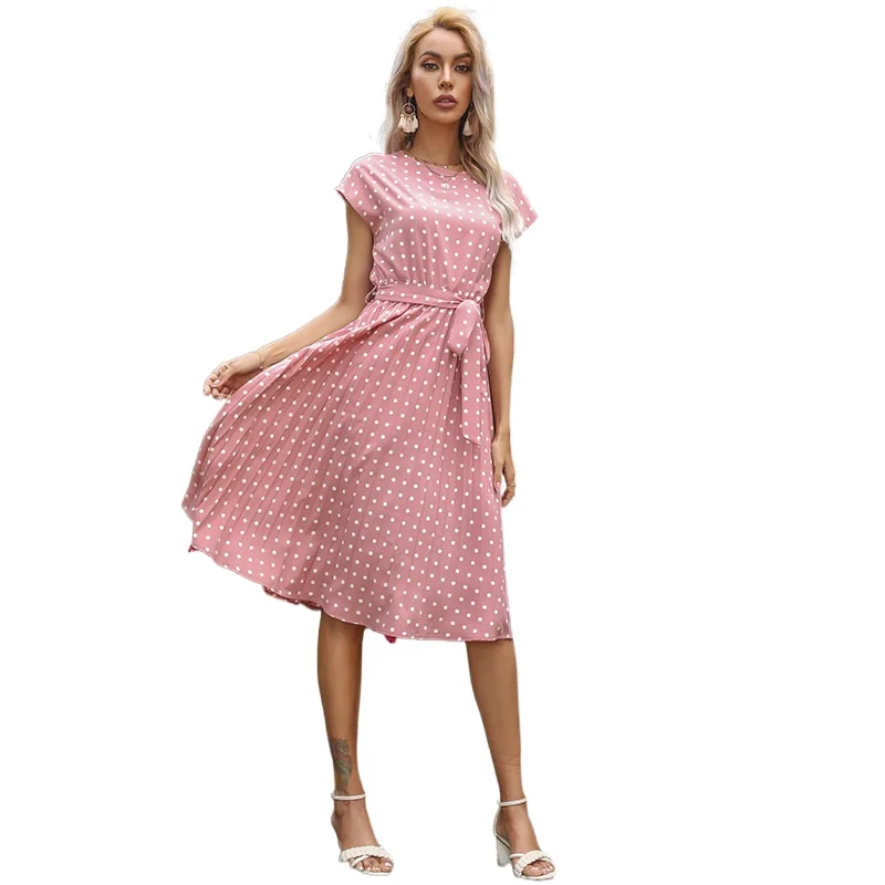 

Fashion Women's Dresses Mid-length Polka-dot Round Neck Shortsleeved Lace Pleated Women's Dress In Europe and America 2021summer