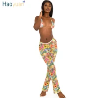 haoyuan floral mesh sheer sexy summer two piece set women birthday club vacation outfits crop top flare pants matching suits