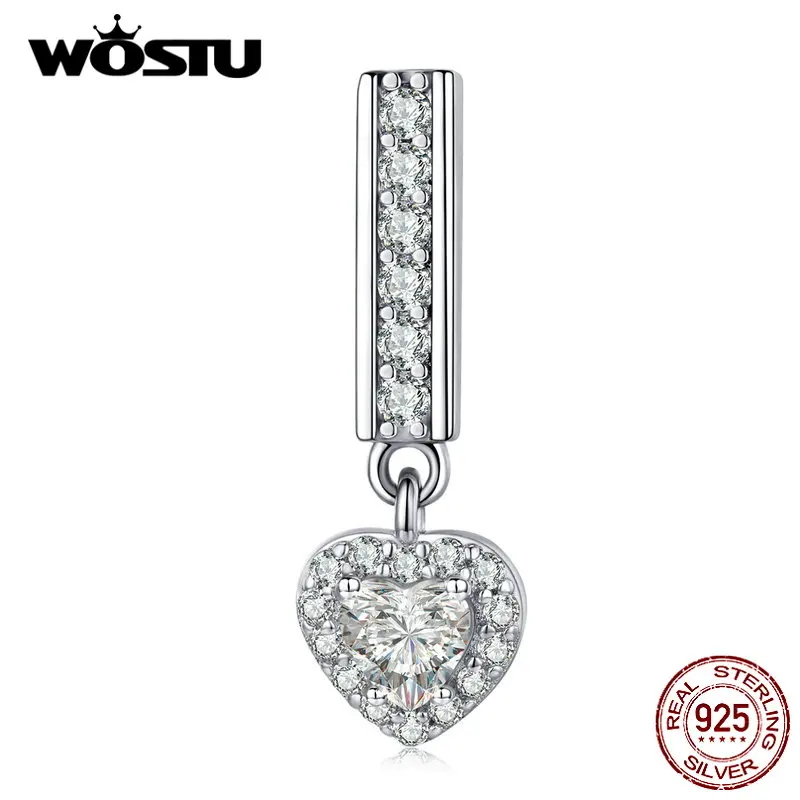 WOSTU, 925 пробы, серебряные бусины в форме сердца, яркие циркониевые амулеты, подходят к оригинальному браслету, Подвеска для женщин, хорошее ювелирное изделие CQX109