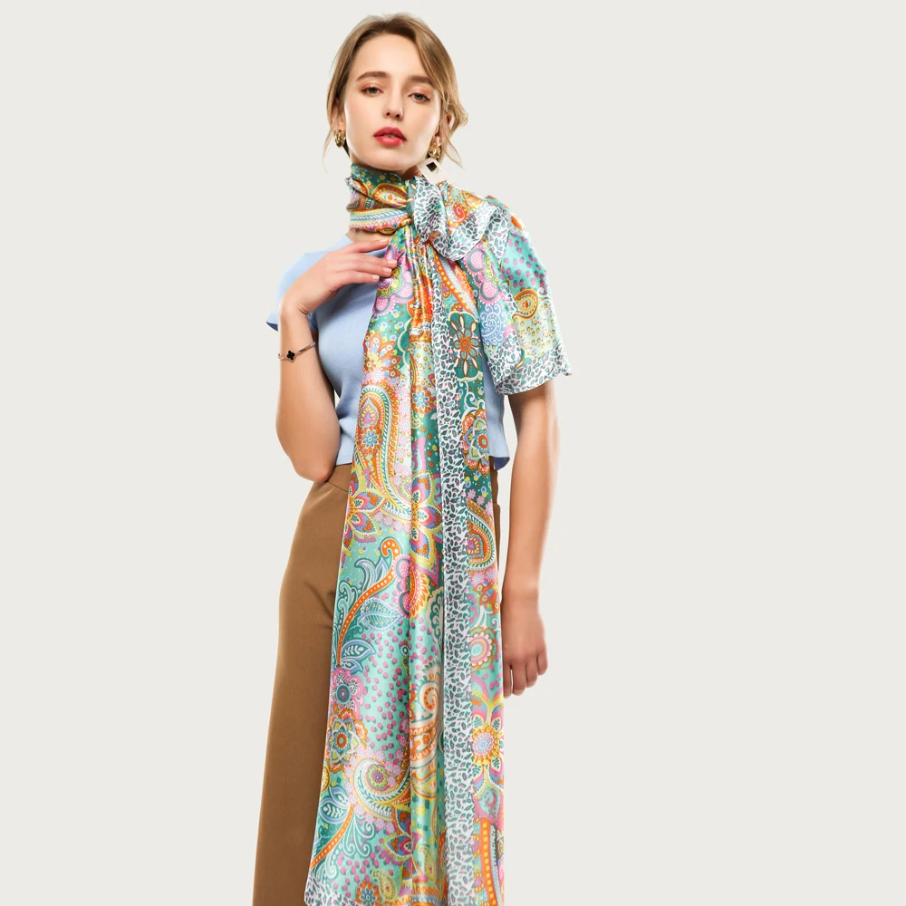 Bufanda grande de seda brillante para mujer, chal largo suave con diseño de cachemir de lujo para oficina, elegante Foulard [5009]