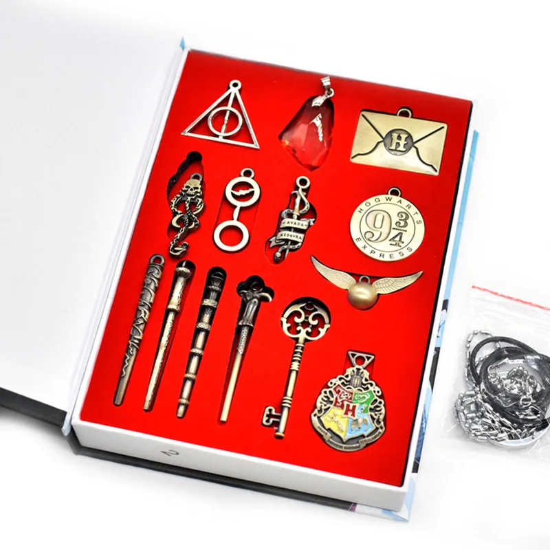 

Magic Wand Potters Metal Keychain Necklace Baguette Metal Deathly Hallows Pendants Figures Golden Snitch Time Turner