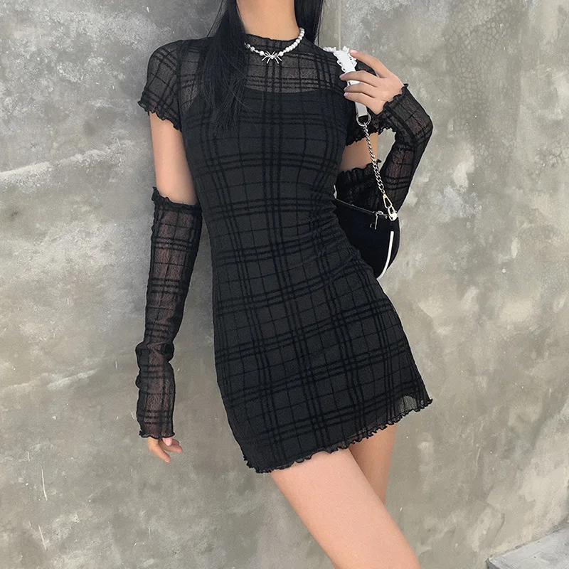 Summer Dress Women Fashion Plaid Three Pieces Suits Long Sleeves Lace Mini Bodycorn Dresses Streetwear Ladies Vestidos