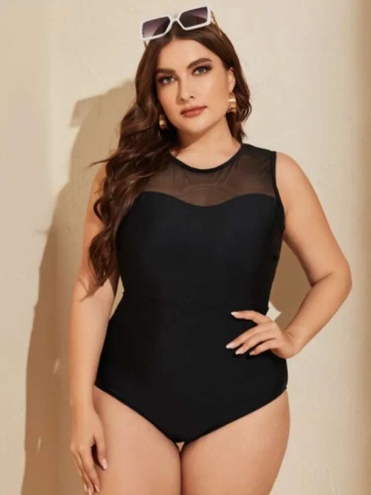 

Summer Sleeveless Women Plus Size Swimsuit Solid Padded One Piece Bathsuit Open Back Bandage Brazilian Mesh Patchwork Swimwear