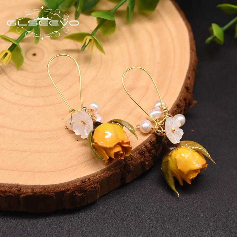 

GLSEEVO Real Yellow Flower Dangle Earrings For Women Fresh Water Pearl Cute 925 Sterling Silver Drop Earrings Jewelry GE0910
