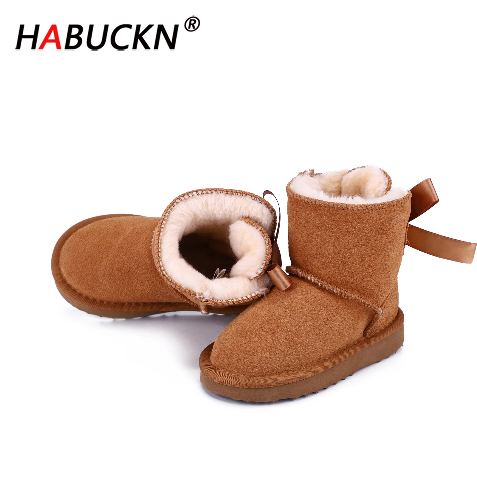 Модные детские теплые зимние сапоги HABUCKN из натуральной воловьей кожи до