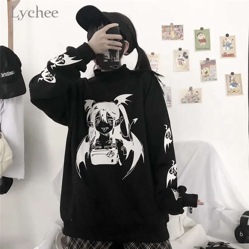 Lychee Harajuku повседневные свободные женские флисовые пуловеры темный дьявол
