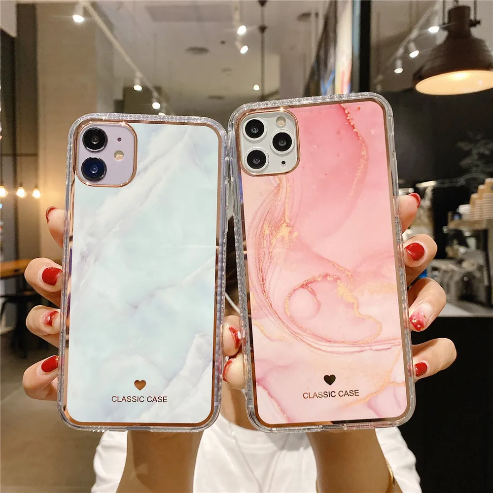 Marble Back Case for iPhone 12 mini 11 Pro Max XR XS SE2020 7 8 Plus Phone Cases Luxury Plating IMD Clear Frame Shockproof Funda | Мобильные