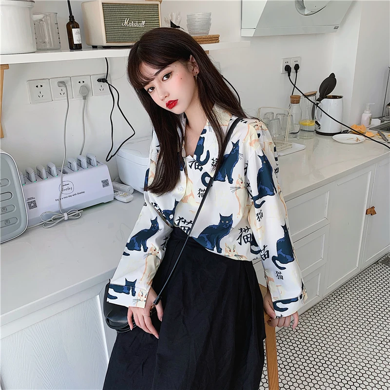 

cat print turn-down collar Spring autumn new korean blusas long sleeve ulzzang Women's Clothing casual loose shirts Women tops