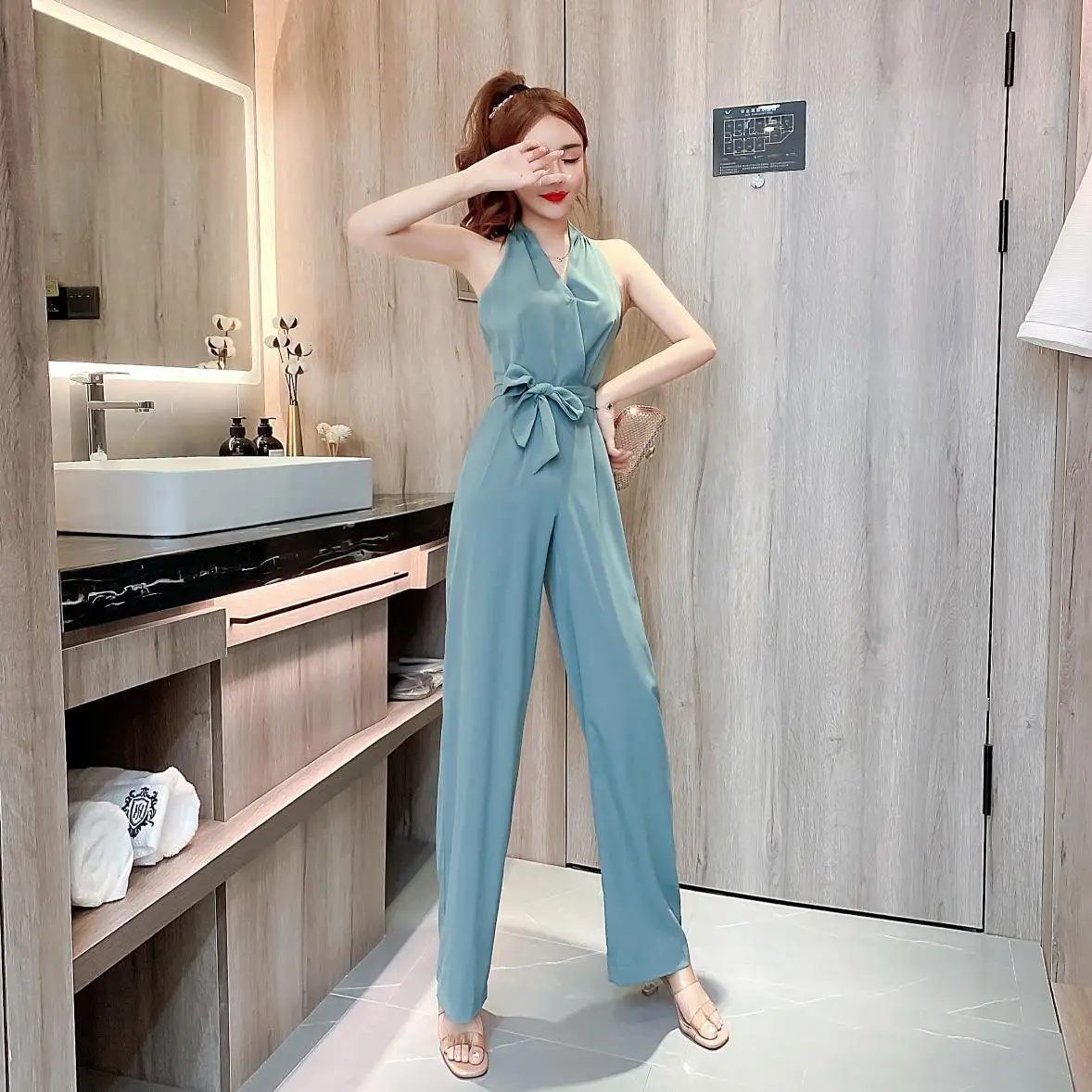 

Summer New Women's Halter Sexy Strapless Strappy High Waist Bandage V-Neck Female Straigth OL Trousers Jumpsuit