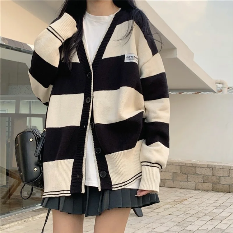 

Женский вязаный кардиган в полоску, свободный трикотажный кардиган в свободном стиле, весна-осень 2021