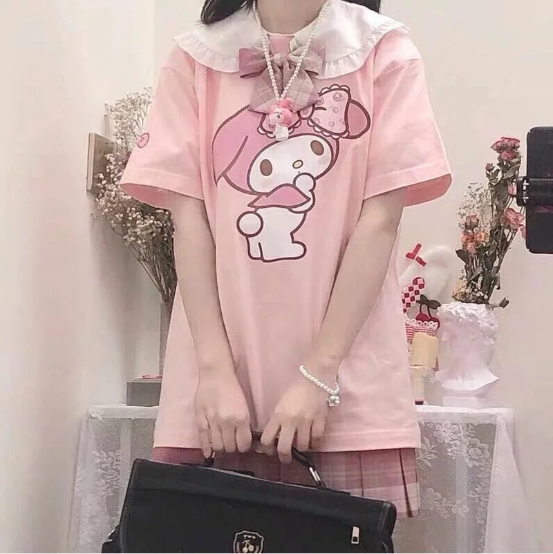 

Summer Japanese Collar Loose Soft Girl Sweet T Shirt Female Student Tide Short Sleeved Cartoon Print Cute Girl Tshirt Pink Doll