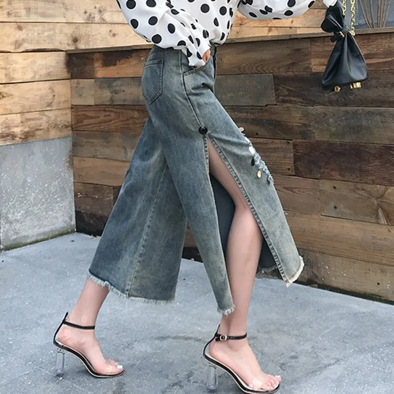 

Hole Ripped Sequined High Waist Side Split Women Denim Pants Streetwear Ankle Length Female Casual Loose Straight Wide Leg Pants