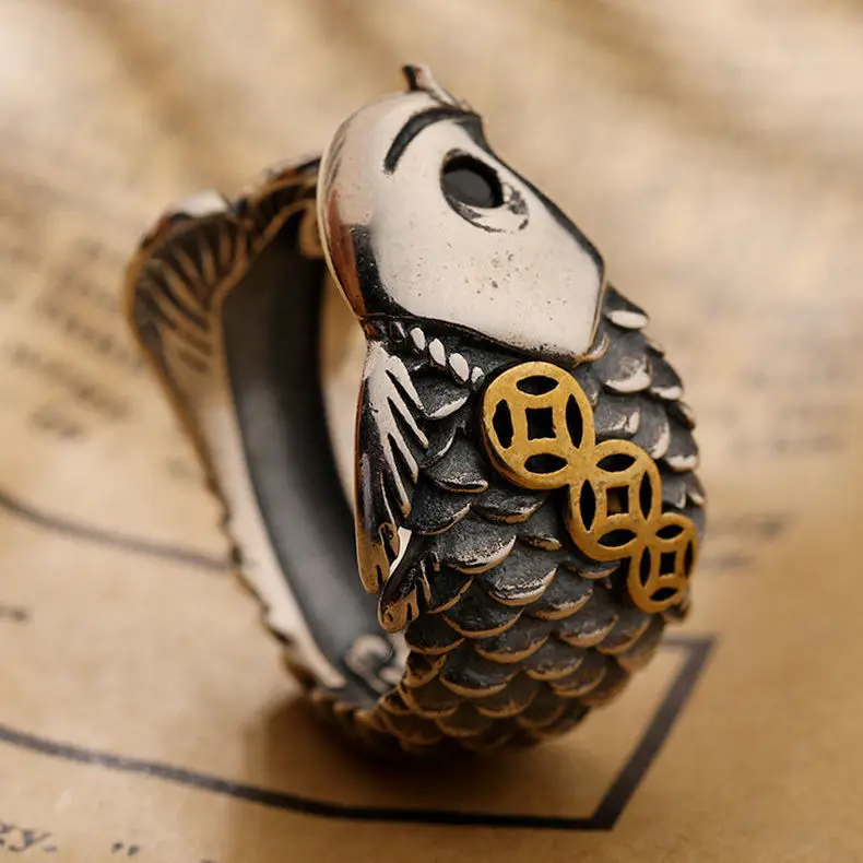 

HML& Original design fish-shaped lucky ingot koi open ring Chinese retro court style men and women couple silver jewelry