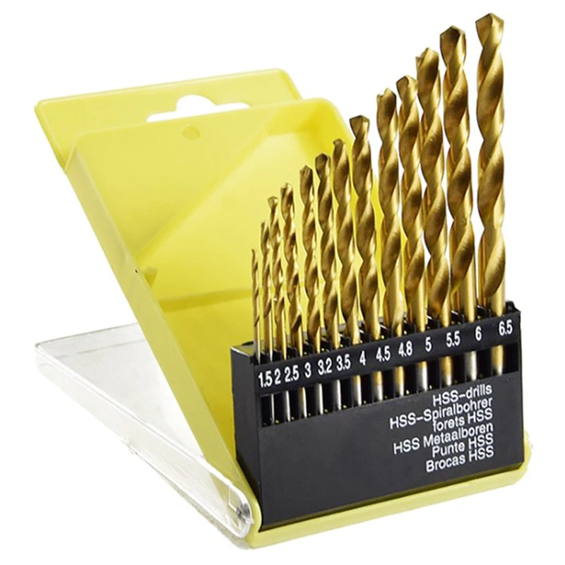 

New 13Pc 1.5-6.5mm Round Shank Twist Drill Bit Set Titanium Coated HSS Bit Woodworking Metal Tools